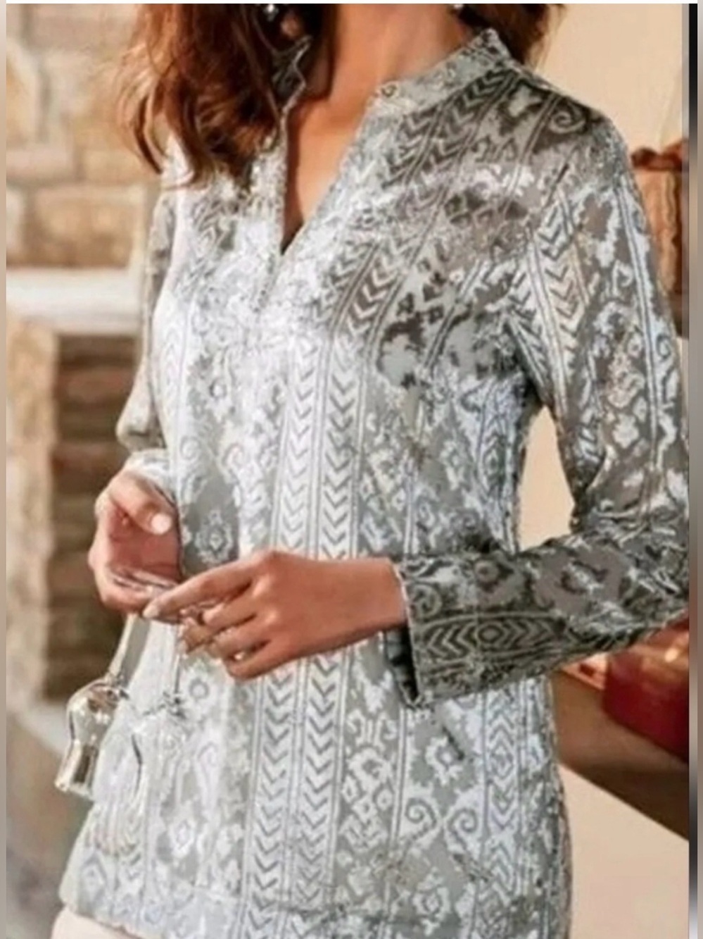 SOFT SURROUNDINGS Mika Silver Sequin Velvet Burnout Embroidered Blouse Top 1X